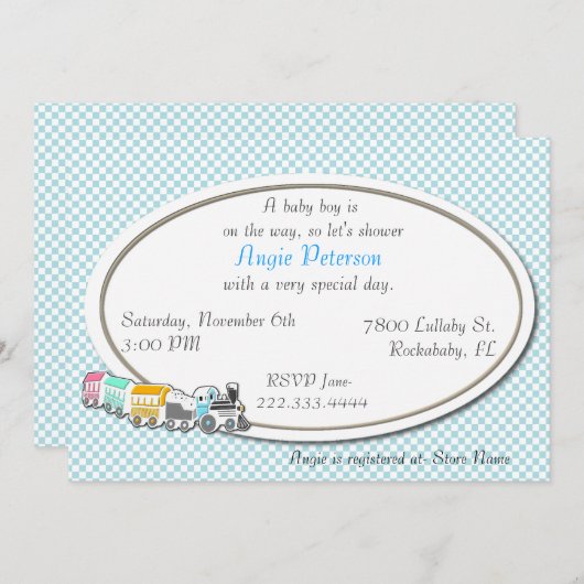 ブルー市松模様に男の赤ちゃんシャワー招待状 招待状 (正面/裏面)