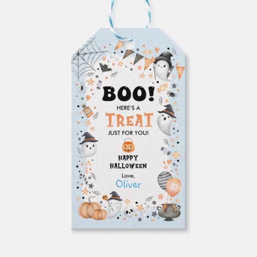 ブルー幽霊ハッピーハローウィンボーイバースデーパーティー ギフトタグ (正面)
