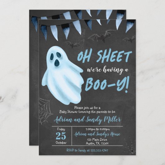 ブルー幽霊ハロウィーンベビーシャワー招待状 招待状 (正面/裏面)