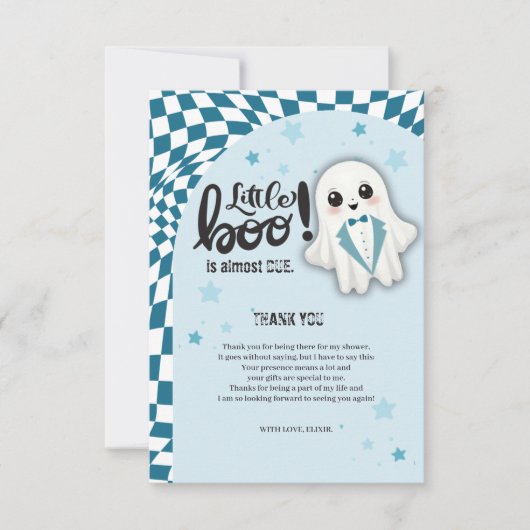 ブルー幽霊リトルブーはほとんど赤ちゃんシャワー サンキューカード (正面)