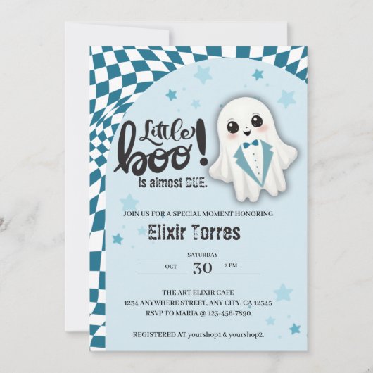 ブルー幽霊リトルブーはほとんど赤ちゃんシャワー 招待状 (正面)