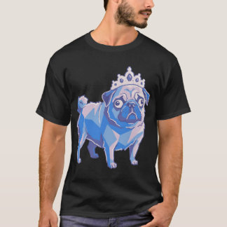 ブルー幾何学スタイルのプリンセスパグロイヤルドッグアートW Tシャツ