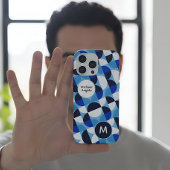 ブルー幾何学モザイク バウハウス モノグラム 名前入り iPhoneケース