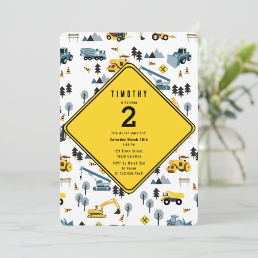 ブルー建築トラックサイトテーマ誕生日パーティー 招待状 (スタンド正面)