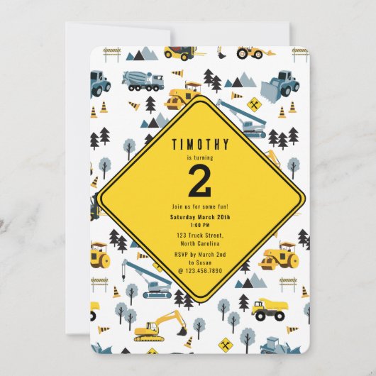 ブルー建築トラックサイトテーマ誕生日パーティー 招待状 (正面)