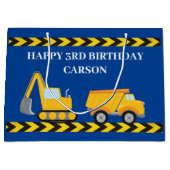 ブルー建築トラックボーイズカスタム子供の誕生日 ラージペーパーバッグ (正面)