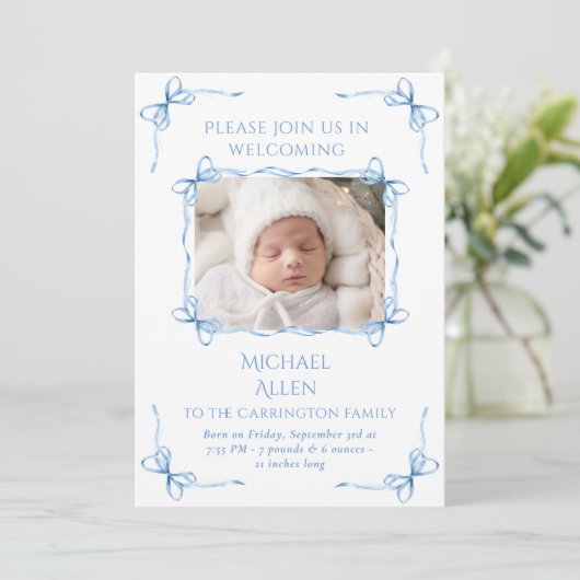 ブルー弓男の赤ちゃん写真の誕生発表カード 案内状 (スタンド正面)