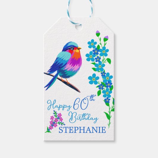 ブルー忘れバード私はフローラ60th誕生日パーティー ギフトタグ (正面)