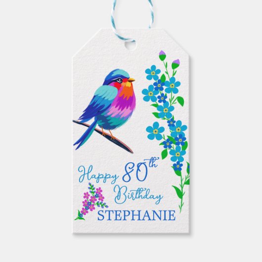 ブルー忘れバード私はフローラ80th誕生日パーティー ギフトタグ (正面)