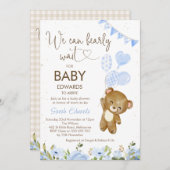 ブルー我々はベアバルーン赤ちゃんシャワーを心待ちできる 招待状 (正面/裏面)