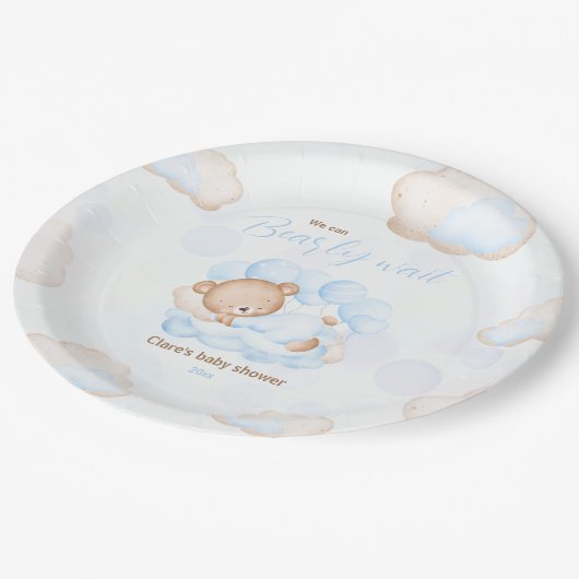 ブルー我々はベアベビーシャワーを待つことができる ペーパープレート (アングル)
