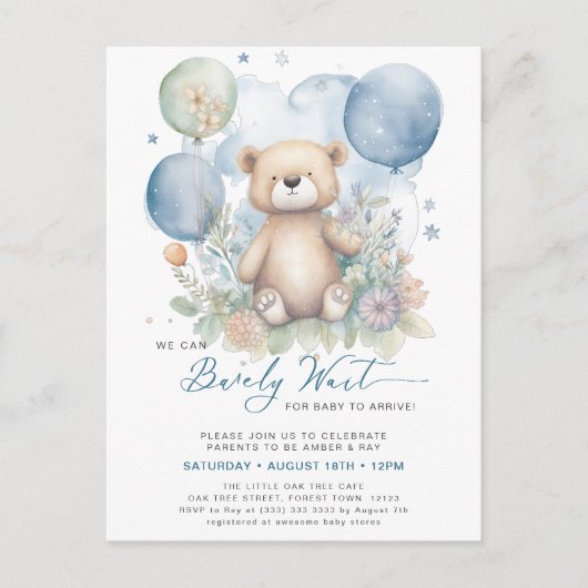 ブルー我々は可愛い男の子の赤ちゃんシャワーを待つことができる インビテーションポストカード (正面)