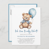 ブルー我々は可愛い男の子の赤ちゃんシャワーを待つことができる インビテーションポストカード (正面/裏面)