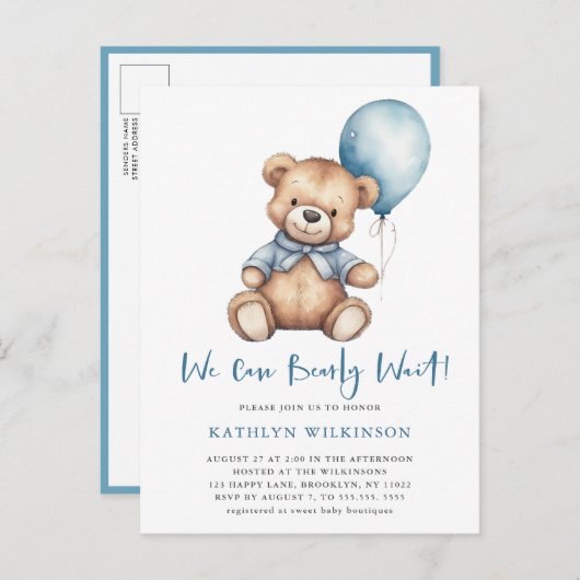 ブルー我々は可愛い男の子の赤ちゃんシャワーを待つことができる インビテーションポストカード (正面/裏面)