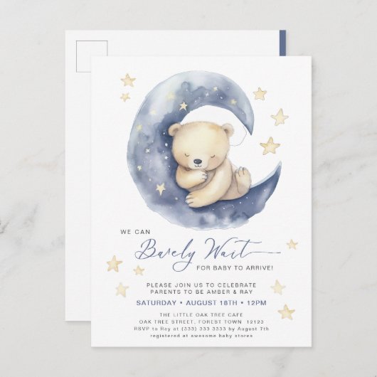 ブルー我々は可愛い男の子の赤ちゃんシャワーを待つことができる インビテーションポストカード (正面/裏面)