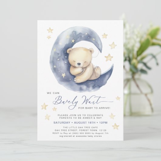 ブルー我々は可愛い男の子の赤ちゃんシャワーを待つことができる 招待状 (スタンド正面)