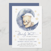 ブルー我々は可愛い男の子の赤ちゃんシャワーを待つことができる 招待状 (正面/裏面)