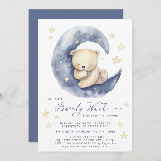 ブルー我々は可愛い男の子の赤ちゃんシャワーを待つことができる 招待状 (正面/裏面)