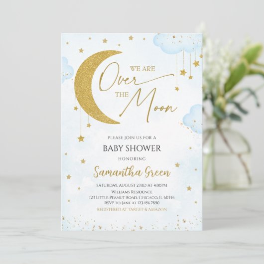 ブルー我々は月の赤ちゃんシャワー上にある 招待状 (スタンド正面)