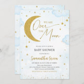ブルー我々は月の赤ちゃんシャワー上にある 招待状 (正面/裏面)