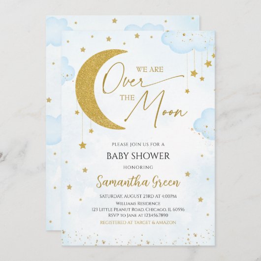 ブルー我々は月の赤ちゃんシャワー上にある 招待状 (正面/裏面)
