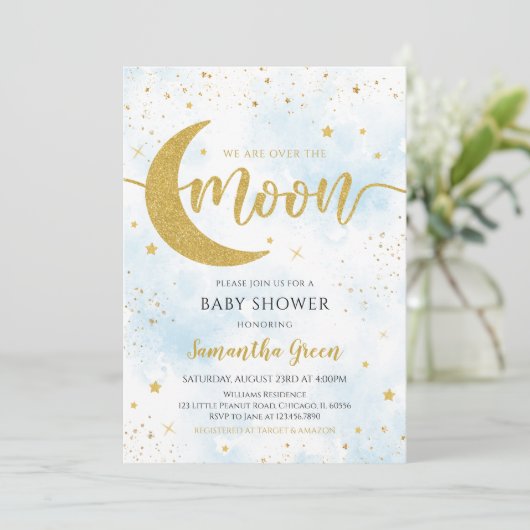 ブルー我々は月の赤ちゃんシャワー上にある 招待状 (スタンド正面)