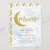 ブルー我々は月の赤ちゃんシャワー上にある 招待状 (正面/裏面)