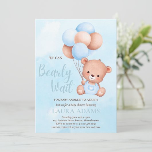 ブルー我々は真珠のように待つ男の子のベビーシャワー 招待状 (スタンド正面)