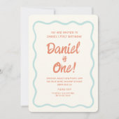 ブルー手書き波形パステルベビー第1誕生日 招待状 (正面)
