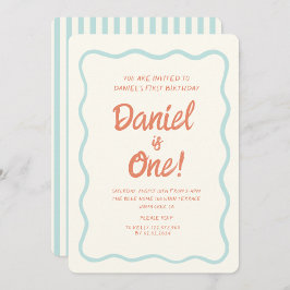 ブルー手書き波形パステルベビー第1誕生日 招待状
