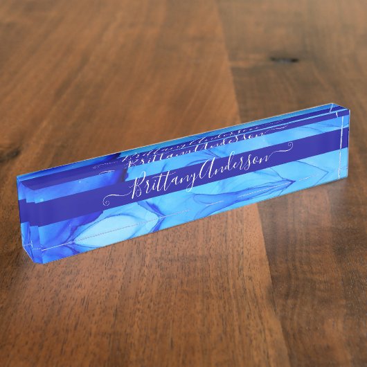 ブルー抽象芸術インクブロビューティッカスタムト デスクネームプレート (側面)