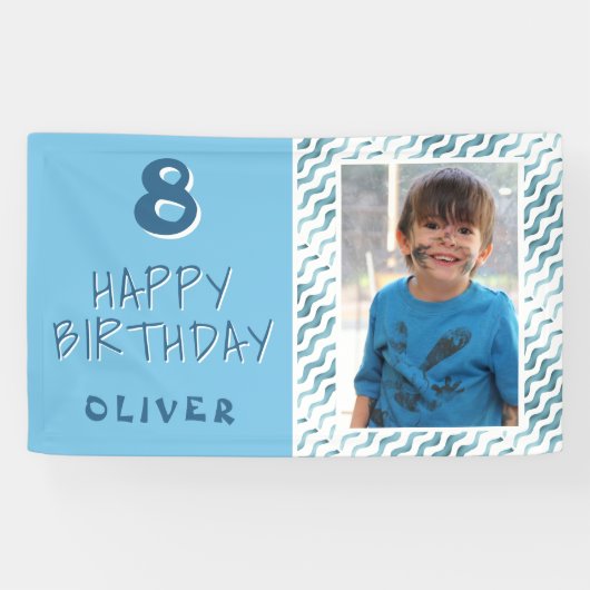 ブルー抽象芸術ウェーブボーイフォトハッピーバースデー 横断幕 (横)