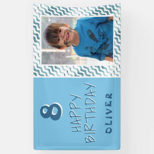 ブルー抽象芸術ウェーブボーイフォトハッピーバースデー 横断幕 (縦)