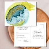 ブルー抽象芸術ウォーターカラーアートユニークウェディングRSVP ポストカード