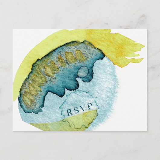 ブルー抽象芸術ウォーターカラーアートユニークウェディングRSVP ポストカード (正面)