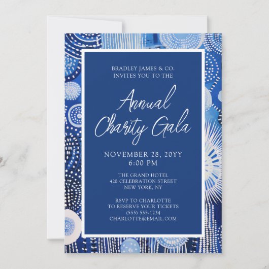 ブルー抽象芸術ウォーターカラーチャリティーイベントガラパーティー 招待状 (正面)