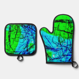 ブルー抽象芸術シワポットホルダー及びオーブンミット 鍋つかみ&鍋敷きセット