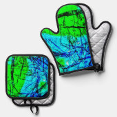 ブルー抽象芸術シワポットホルダー及びオーブンミット 鍋つかみ&鍋敷きセット (正面/裏面)