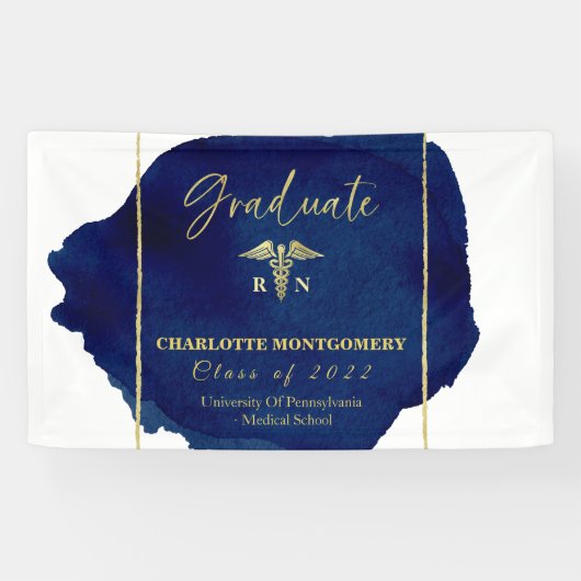 ブルー抽象芸術ナースメディカルカドゥセウス卒業 横断幕 (横)