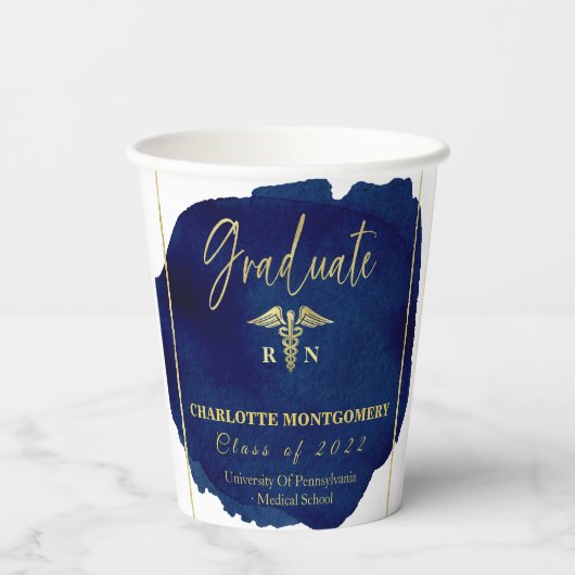 ブルー抽象芸術ナースメディカルカドゥセウス卒業 紙コップ (裏面)