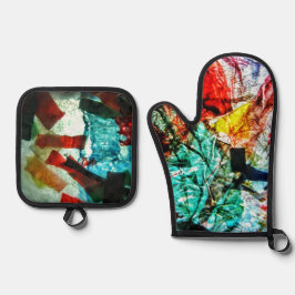 ブルー抽象芸術ポットホルダーとオーブンミット、ハッピーブルー 鍋つかみ&鍋敷きセット