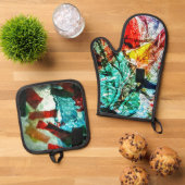 ブルー抽象芸術ポットホルダーとオーブンミット、ハッピーブルー 鍋つかみ&鍋敷きセット (トップダウン)