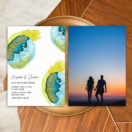 ブルー抽象芸術水彩画ユニーク像写真結婚ズ 招待状