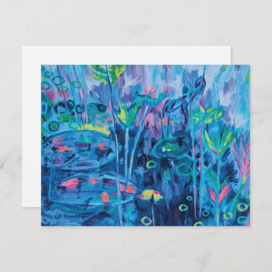 ブルー抽象芸術絵を描フローラズフラット サンキューカード (正面/裏面)