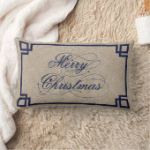 ブルー文字&ベージュリネン結婚クリスマス ランバークッション (ブランケット)