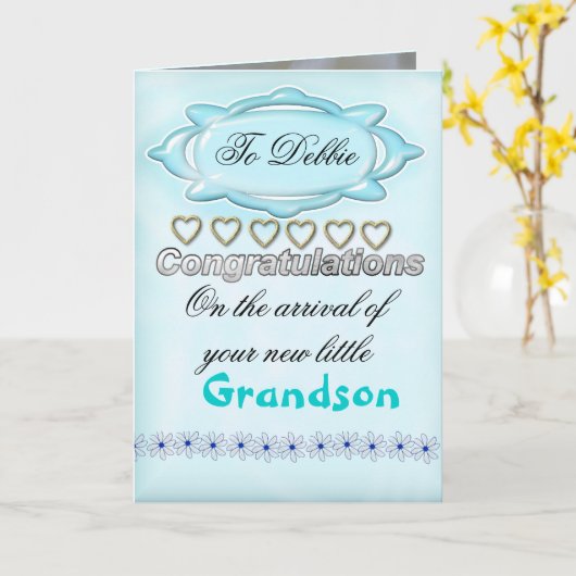 ブルー新生児おめでとうカードおばあちゃん カード (黄色い花)