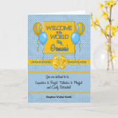 ブルー新生児ボーイジェミニおめでとう カード (黄色い花)