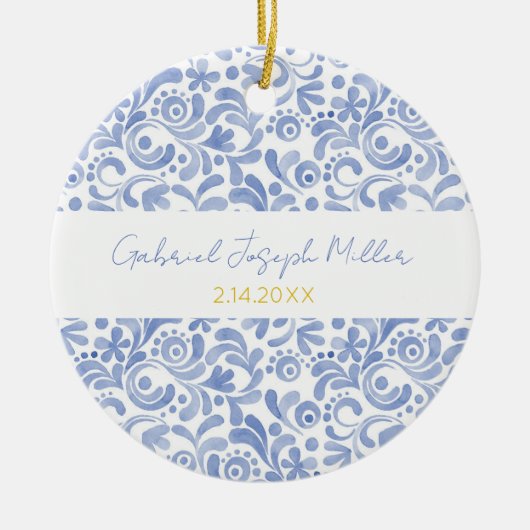 ブルー新生児ボーイネーム誕生DATEアートキープサケ セラミックオーナメント (正面)