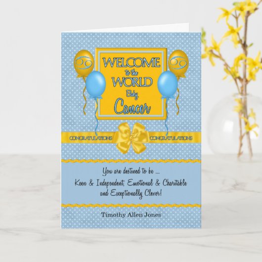 ブルー新生児少年がん〔占星術の〕十二宮図おめでとう カード (黄色い花)