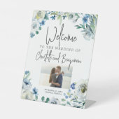 ブルー春フローラ写真ようこそ私たちの結婚もの 台座サイン (正面)